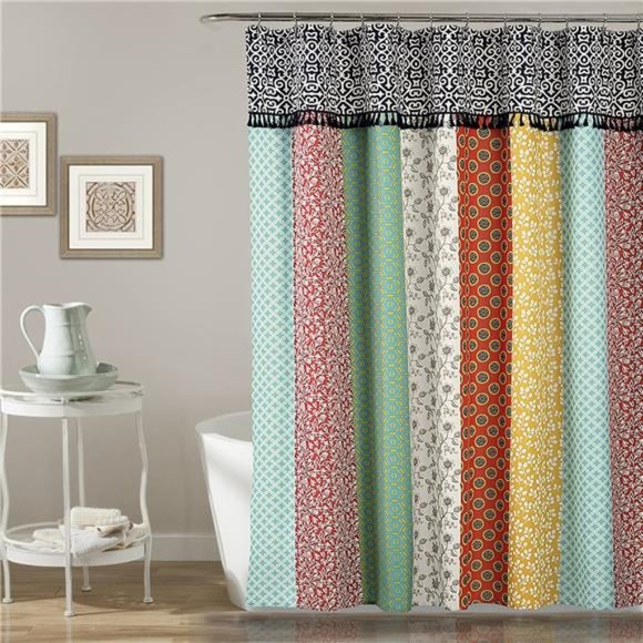 Shower Curtain-Fabric Bohemian Colorful Print Vertical Stripe Design with Tassel
